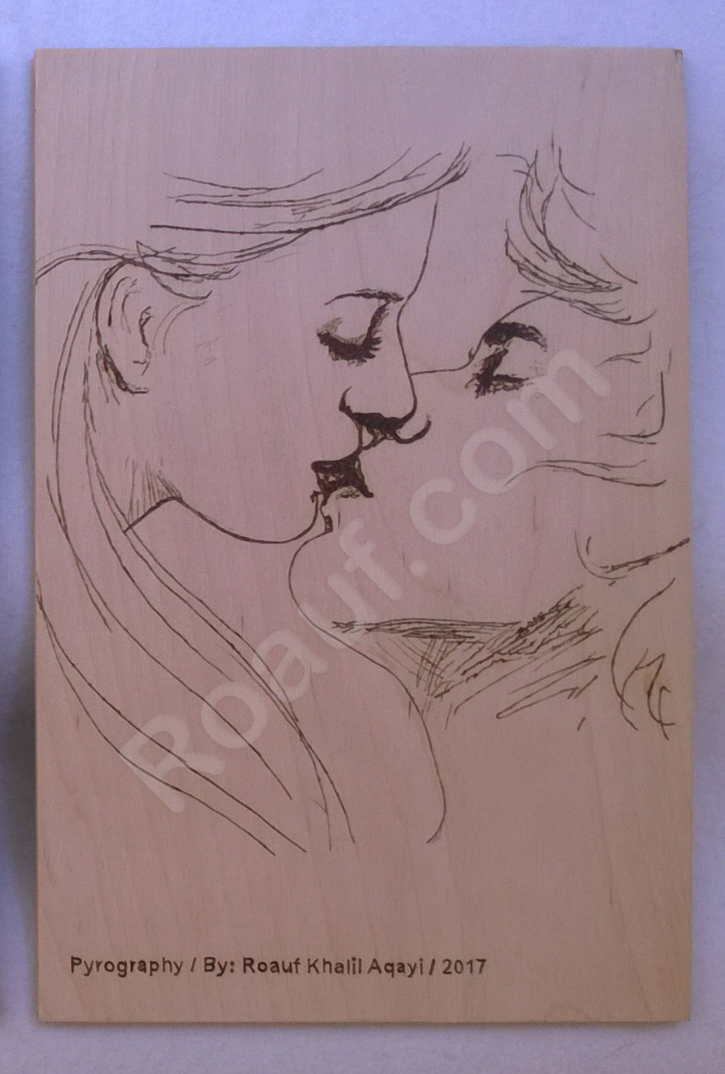 Pyrography Panel of Lovers Kiss
