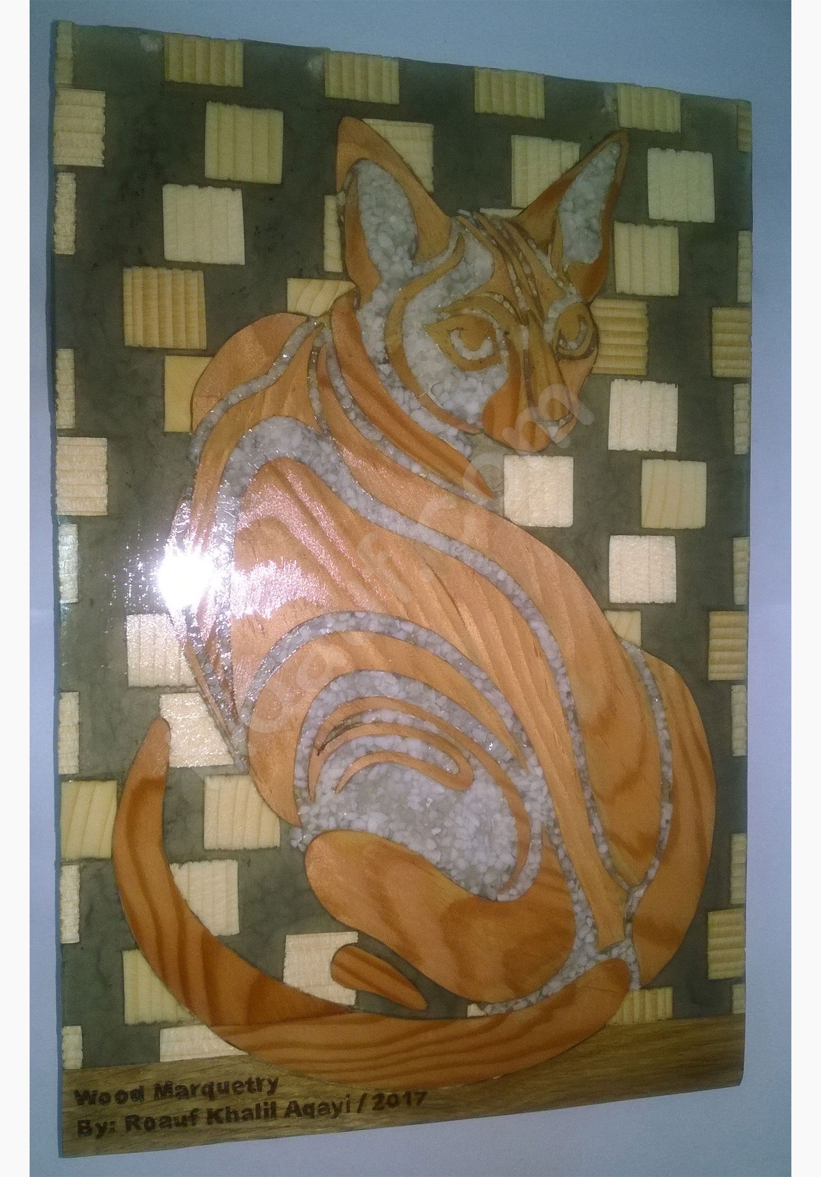 Wood Inlay / Wood Marquetry Panel of a Cat