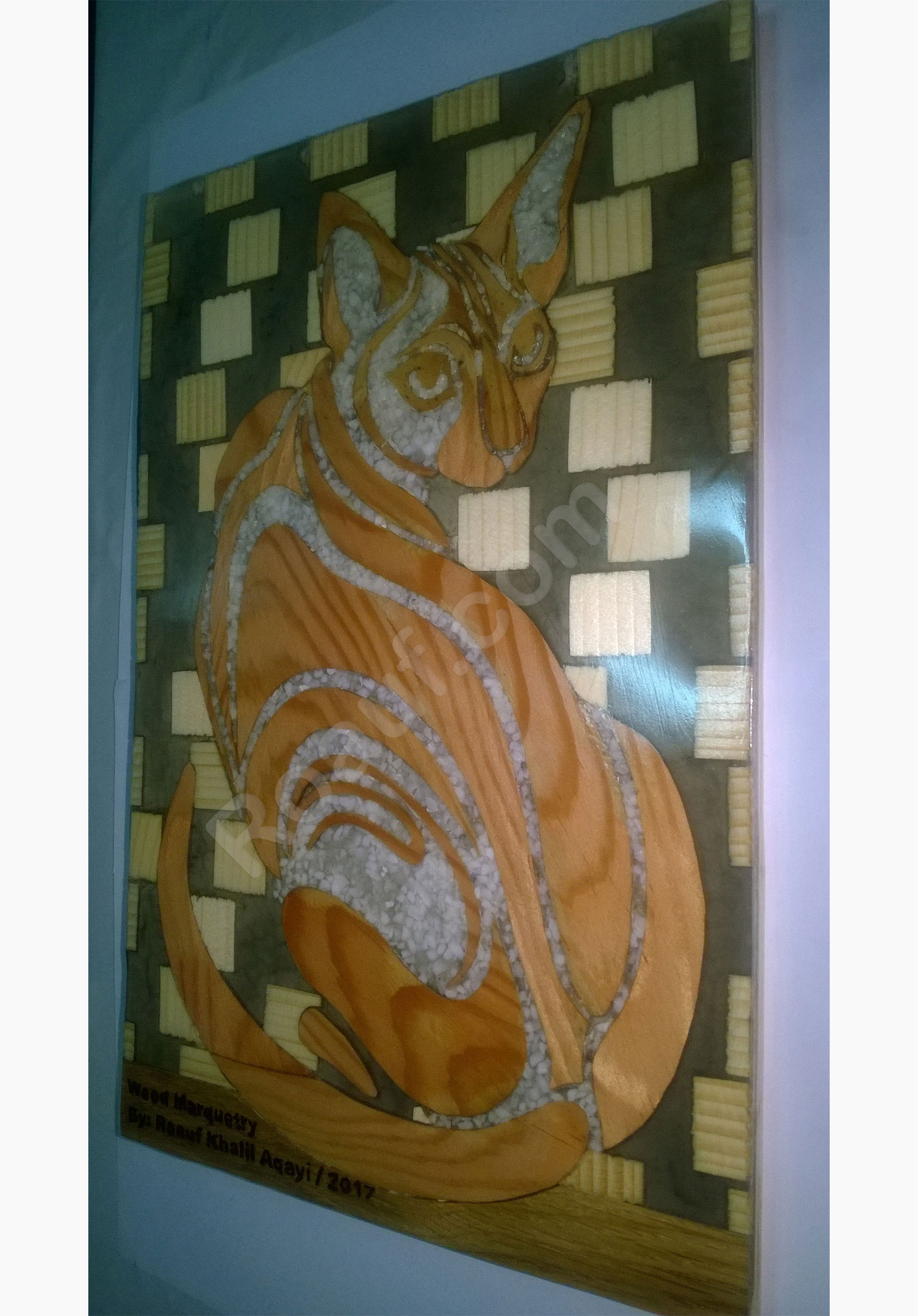 Wood Inlay / Wood Marquetry Panel of a Cat