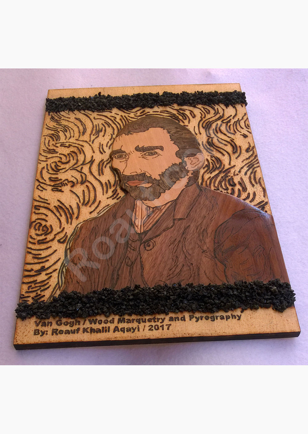 Wood Inlay, Wood Marquetry and Pyrography Panel of Van Gogh