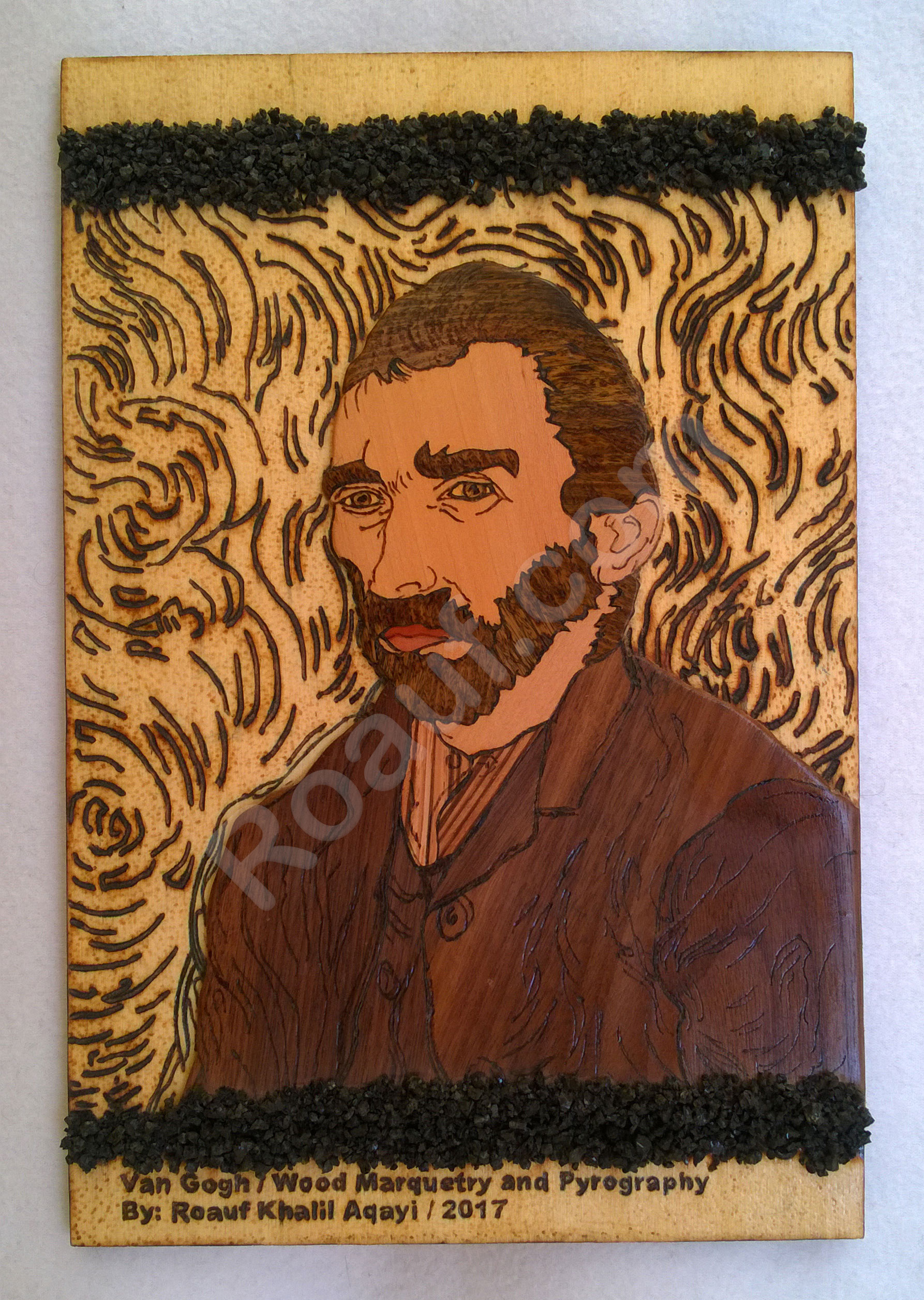 Wood Inlay / Wood Marquetry and Pyrography Panel of Van Gogh