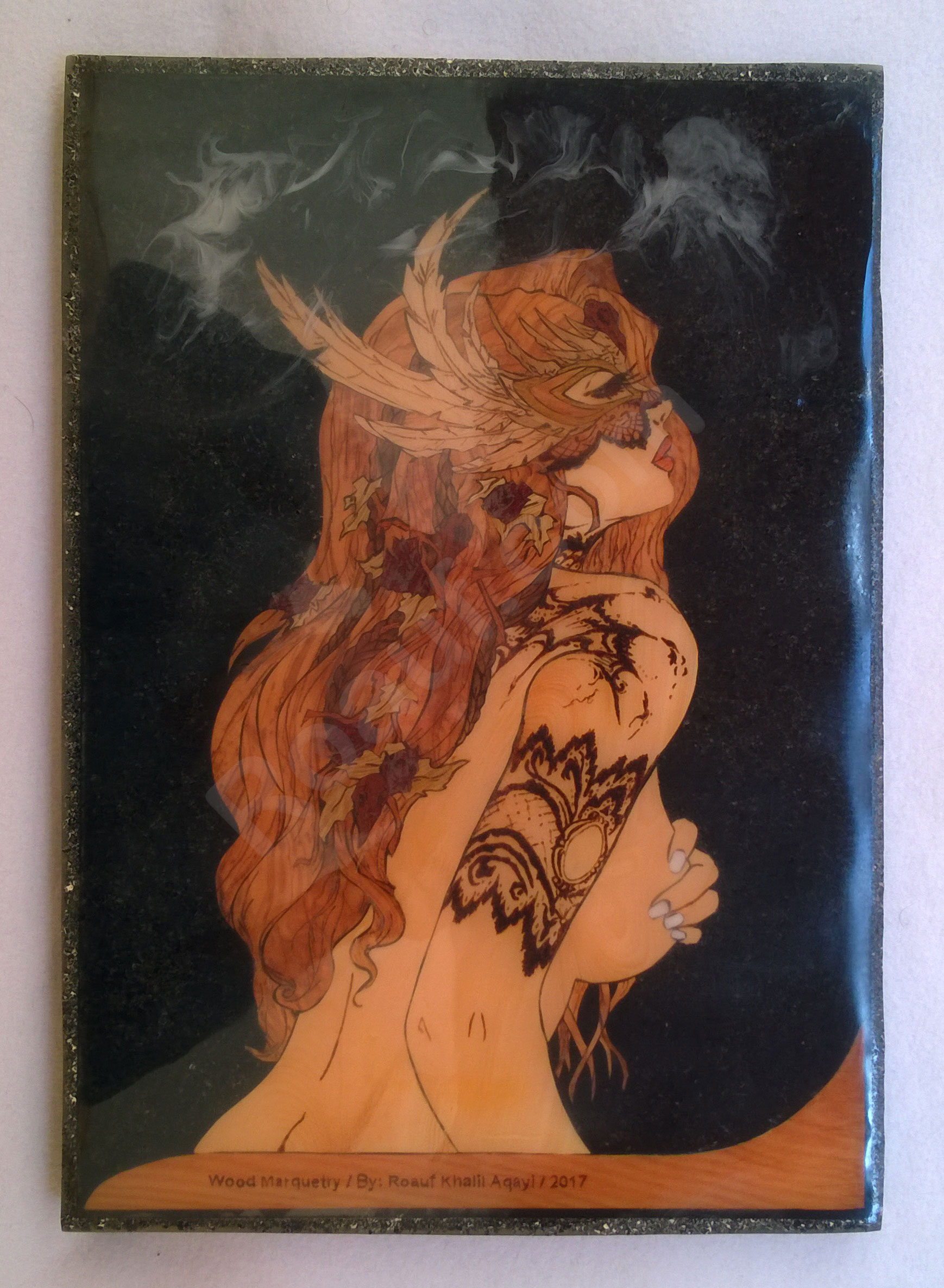 Wood Inlay, Wood Marquetry Panel of a Naked Woman