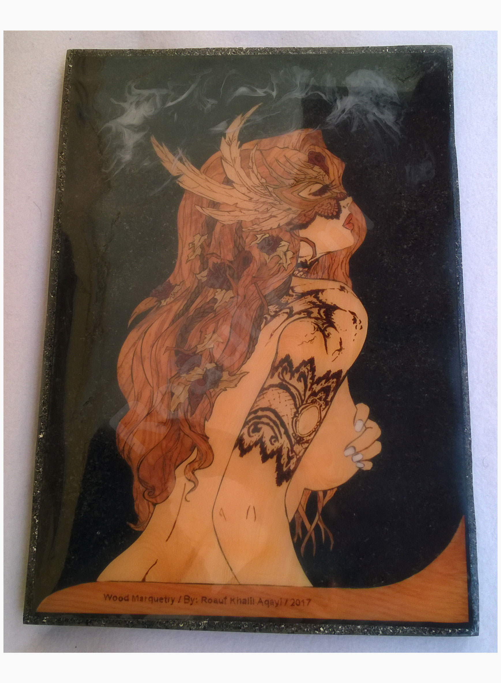 Wood Inlay / Wood Marquetry Panel of a Naked Woman