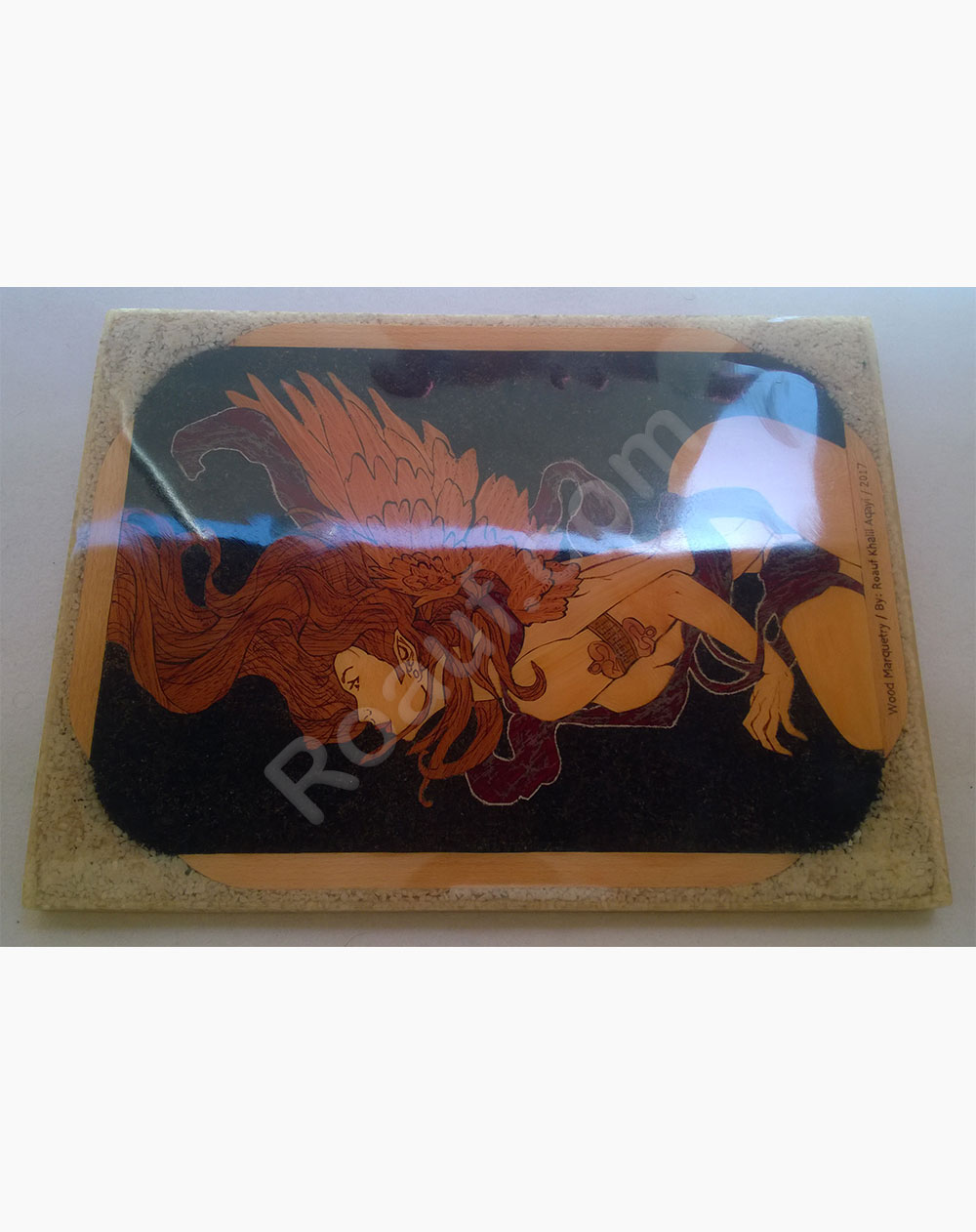 Wood Inlay, Wood Marquetry Panel of a Naked Angel