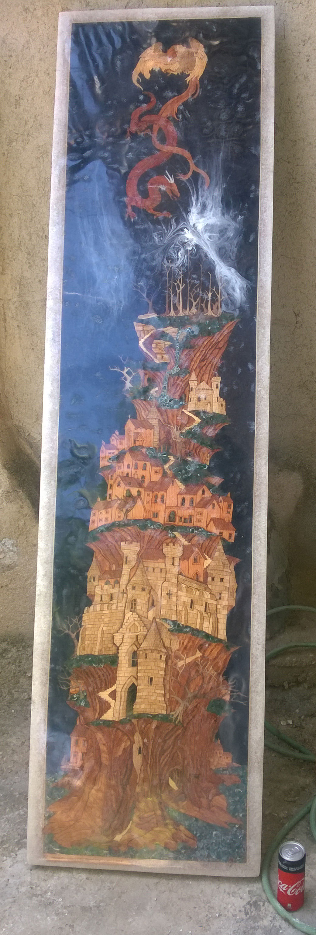 Wood Inlay / Wood Marquetry Panel of
Mountain Village and Dragon